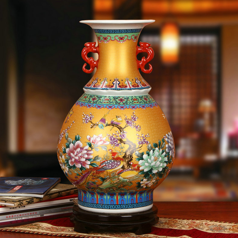 陶瓷珐琅彩双耳春瓶工艺品--景德镇陶瓷艺术